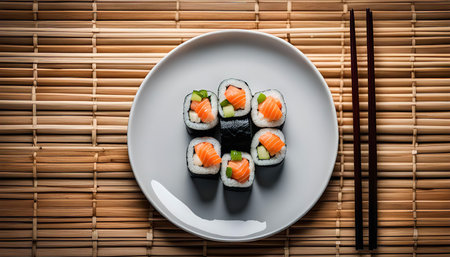 A plate of salmon sushi rolls with chopsticks, perfect for a tasty and healthy mealの写真素材