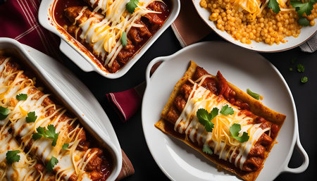 A close-up shot of enchiladas covered in melted cheese, tomato sauce, and cilantro, served on a white plateの写真素材