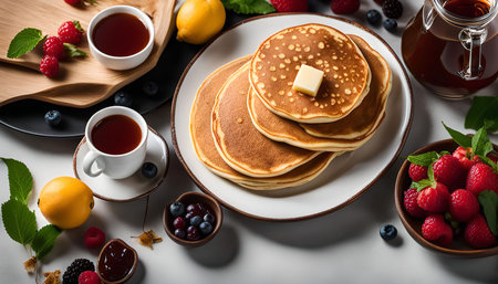 A stack of golden brown pancakes with melted butter and syrup, ready for a delightful breakfast. Fresh berries, tea, and lemon slices add to the mouthwatering spread.の写真素材