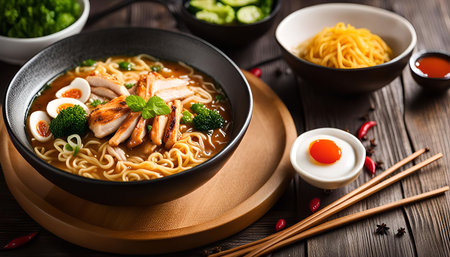 A close-up of a bowl of ramen noodles with chicken and vegetables. It is a delicious and healthy meal.の写真素材