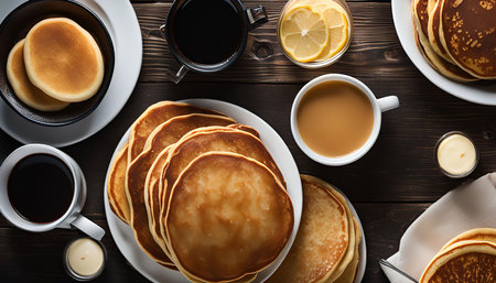 A top-down view of a breakfast table setting with a stack of pancakes, cups of coffee and tea, and a plate of lemons.の写真素材
