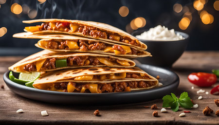 A stack of four quesadillas with melted cheese and ground beef filling. The quesadillas are on a black plate with lime slices, cilantro, and a bowl of sour cream in the background. The photo is taken from a high angle, and the quesadillas are in focus, while the background is slightly blurred.の写真素材