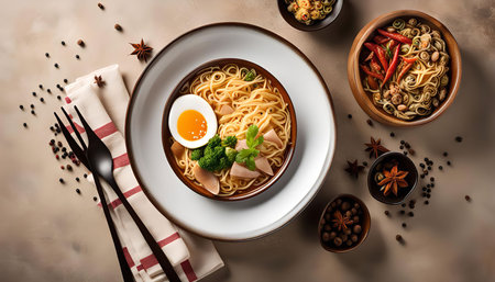 A top-down view of a bowl of Asian noodles with egg, broccoli, and spices. The dish is beautifully...