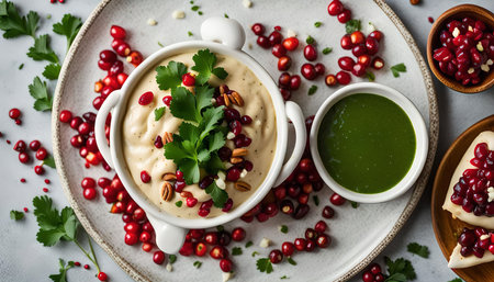Creamy dip with pomegranate seeds, parsley, and nuts. It's perfect for a snack or appetizer.の写真素材