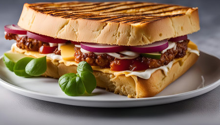 A delicious grilled chicken sandwich with red onion, tomato, cheese, and mayo, served on a white plate with fresh basil leavesの写真素材