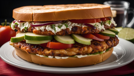 A close-up of a large and appetizing chicken sandwich with fresh vegetables, including tomatoes, cucumbers, onions, and lettuce. The sandwich is grilled and crispy, and it's served on a white plate with a red napkin.の写真素材