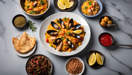 A close-up shot of a delicious seafood paella dish, featuring mussels, rice, lemon, and various other ingredients. The paella is served on a white plate and surrounded by various side dishes, such as bread, olives, and sauce.の写真素材