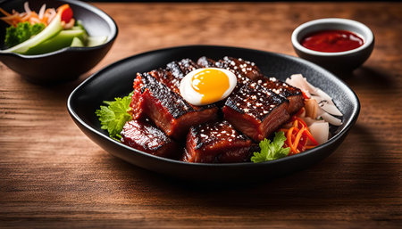A close-up shot of a mouthwatering Asian dish featuring crispy pork belly, a fried egg, and fresh vegetables. The dish is served on a black plate and garnished with fresh herbs.の写真素材