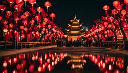 A stunning view of a Chinese New Year celebration with red lanterns illuminating a temple and surrounding streetsの写真素材