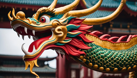 A close-up of a golden dragon statue, a mythical creature in Chinese culture, with red and green details, seen on a temple rooftop in China.の写真素材