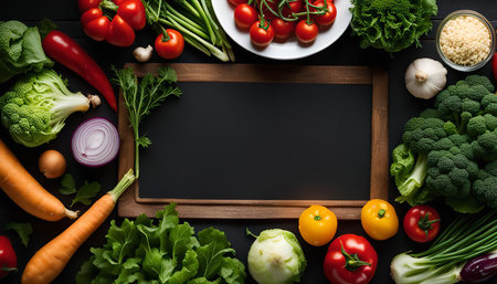 A variety of fresh vegetables arranged around a blackboard on a dark wooden surface. The vegetables are a mix of green, red, and yellow, and they include broccoli, tomatoes, carrots, onions, garlic, and leaves.の写真素材