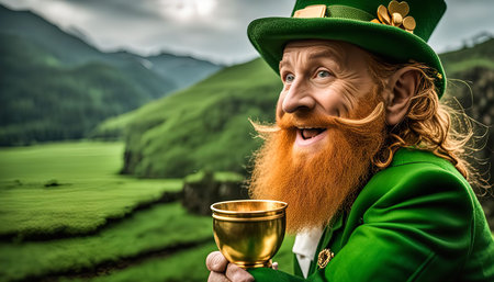 A joyful leprechaun holding a golden cup against a backdrop of rolling green hills, exuding an atmosphere of luck and joy.の写真素材