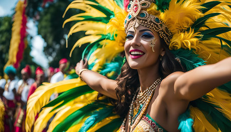 A woman in a brightly colored carnival costume, complete with feathers and gold jewelry, smiles brightly as she participates in a parade. The image captures the vibrant energy and joy of carnival celebrations.の写真素材