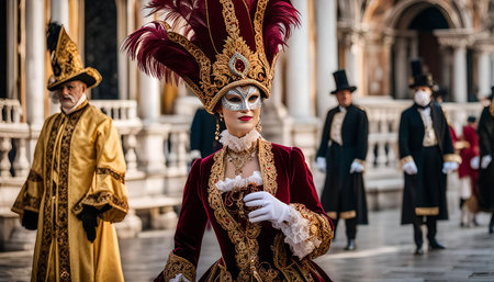 A woman in a stunning red and gold Venetian carnival costume adorned with feathers and a mask. The image captures the festive spirit and beauty of the Venetian Carnival.の写真素材