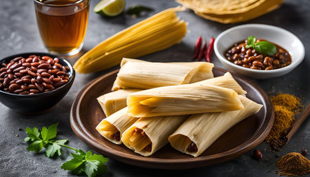 A plate of freshly made tamales, ready to be enjoyed. The tamales are wrapped in corn husks, giving them a rustic and authentic look.の写真素材