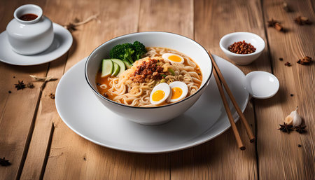 A bowl of ramen noodles with egg and broccoli, shot in a studio setting, the dish is on a plate, table setting with chopsticks and spices aroundの写真素材
