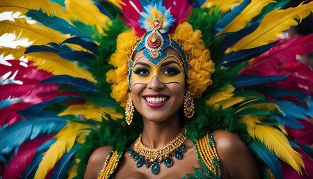 A woman in a colorful carnival costume smiles joyfully, adorned with feathers, a mask, and dazzling jewelry. Her vibrant costume and radiant smile embody the spirit of celebration and revelry.の写真素材