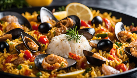 A close-up shot of a delicious seafood paella dish, featuring plump mussels, rice, and vibrant vegetables. The dish is beautifully arranged in a black pan and ready to be enjoyed.の写真素材
