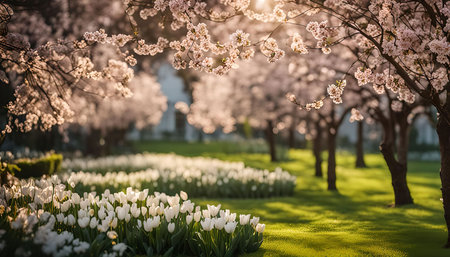 A picturesque scene of a cherry blossom garden with white tulips in the foreground.の写真素材