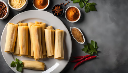 A plate of tamales with various spices and herbs. The tamales are wrapped in corn husks and ready to be cooked. The image features a white plate, gray background, spices such as paprika, pepper, anise, and cilantro, creating a beautiful culinary scene.の写真素材