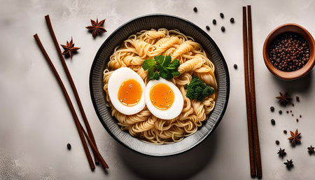A bowl of ramen noodles with a soft boiled egg, parsley and broth. The bowl is on a gray surface with chopsticks and spices.の写真素材