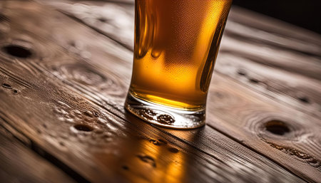 A close-up shot of a glass of beer on a wooden table, highlighting the golden color of the beer and the texture of the wood.の写真素材