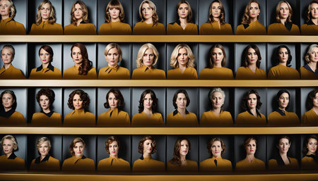 A stylized photograph featuring a grid of female portraits. Each woman wears a yellow shirt and has a serious expression. The image creates a sense of repetition and uniformity.の写真素材