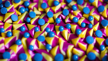 A close-up abstract pattern of colorful triangles and circles, showing vibrant hues and geometric shapesの写真素材