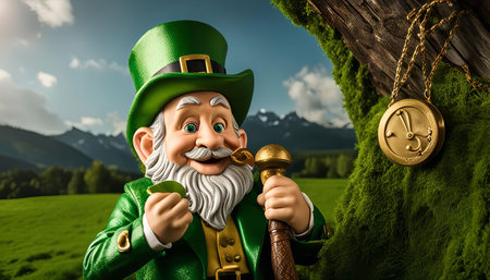 A smiling leprechaun in his traditional green outfit holds a shamrock and a golden stick, with a clock hanging from a tree trunk in the background.の写真素材