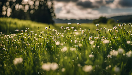 A field of white daisies basking in the warm glow of a sunset. The flowers stand tall against a...
