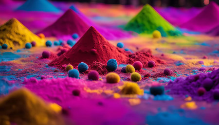 A close-up shot of colorful powder piles for Holi festivalの写真素材