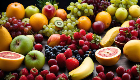 A diverse collection of fresh fruits arranged on a wooden table. The image showcases a vibrant array of colors and textures, highlighting the beauty and abundance of nature's bounty.の写真素材