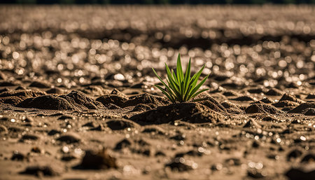 A small green plant grows out of the dry, sandy ground. The plant is the only sign of life in the harsh landscape, showing resilience.の写真素材
