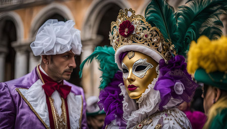 Two people wearing elaborate masks and costumes at the Venetian Carnival. The masks and costumes are a tradition of the festival and are meant to be mysterious and playful.の写真素材