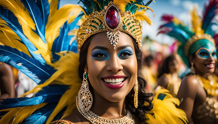 A woman dressed in a vibrant costume smiles brightly, celebrating at a colorful carnival parade.の写真素材