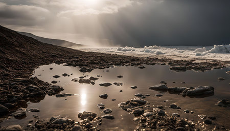 A close-up photo of a puddle reflecting the sunbeams in the sky. The sky is partially cloudy and the ground is rocky.の写真素材