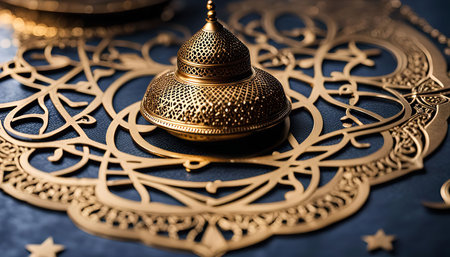 Close up of a golden ornament resting on a beautifully intricately patterned Islamic calligraphy design.の写真素材
