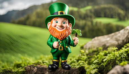 A Leprechaun figurine standing on a rock with a four-leaf clover in hand, surrounded by lush greenery. He is smiling and looking happy, a symbol of good luck and Irish folklore.の写真素材