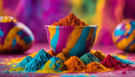 A bowl of colorful powder sits on a table with other piles of color around it, celebrating the Holi festival.の写真素材