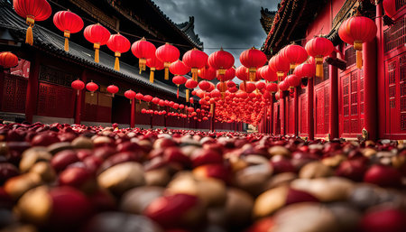 A street lined with red lanterns in a Chinese temple during the Spring Festival.の写真素材