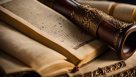 An ancient book and an ornate scroll sit side-by-side, suggesting a rich history and cultural significance.の写真素材