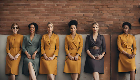 A group of women in stylish dresses, posing against a brick wall. They are dressed in contemporary, formal attire, demonstrating a modern and fashionable look. Their confident posture and stylish outfits portray a sense of elegance and sophistication.の写真素材