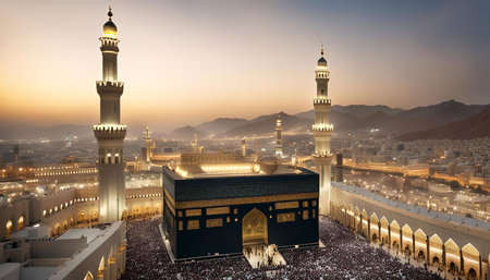 An aerial view of the Kaaba, the holiest site in Islam, located in Mecca, Saudi Arabia, during sunset with people performing their pilgrimage.の写真素材