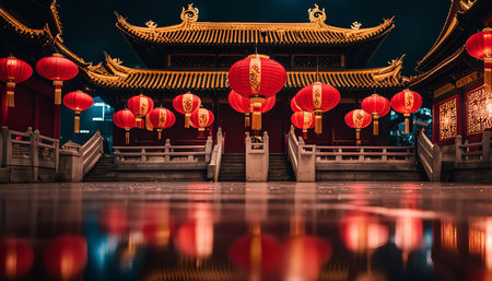 A Chinese temple with red lanterns hanging in front of the building. The lanterns are illuminated at night and reflect on the wet ground.の写真素材
