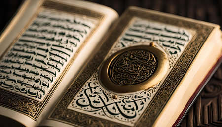 A close-up image of an open Quran, showing intricate Arabic calligraphy and golden decorations. The sacred text is beautifully illuminated, highlighting the spiritual significance of the holy book.の写真素材