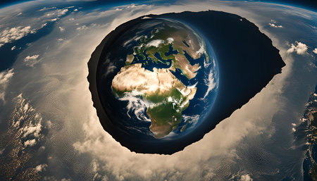A close-up shot of Earth from space, showing the planet's continents and oceans. The image is taken from a high angle and captures the planet's spherical shape.の写真素材