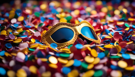 A golden mask with blue lenses rests in a pile of colorful confetti, creating a festive and celebratory atmosphere.の写真素材