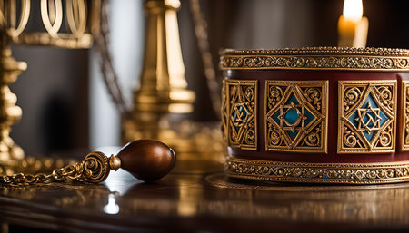 A close-up shot of a gold and red jewel box with ornate details, showing its intricate design and luxurious craftsmanship.の写真素材