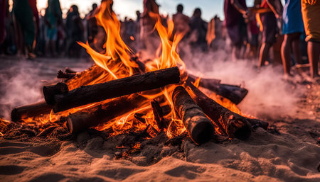 A close-up of a burning campfire on the beach at night, with a group of people blurred in the background.の写真素材