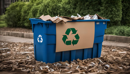 A blue recycling bin filled with cardboard boxes sits on a pile of wood scraps, signifying a...